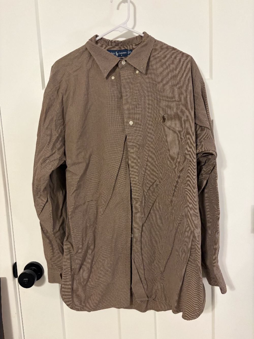 Vintage Ralph Lauren McMeel Shirt Mens 90s Brown Micro Check 100% Cotton XL
